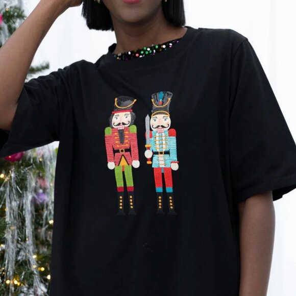 Why Dress Sequin Nutcracker T-Shirt Mini Dress Women's Medium Black Cotton Blend - Picture 1 of 9